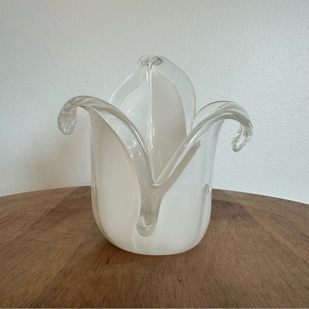Murano Style White and Clear Tulip Vase Votive Candle Holder  Handmade in Italy